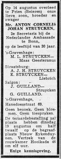 Overlijdensbericht A.C.J. Struycken (1958)
